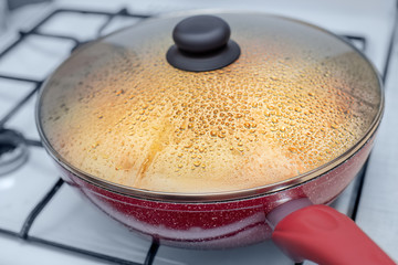 Water droplets formed under the lid of the pan while cooking vegetable stew or soup. Cooking at...