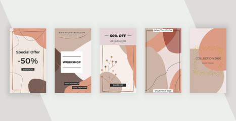Social media banners with brown artistic freehand abstract hand painting shapes, lines. Modern neutral design for flyer, poster, card
