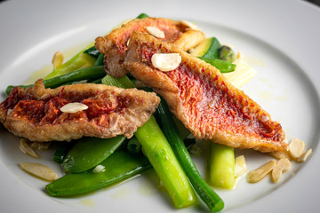 Grilled fish fillet with asparagus, sauce on a dark background