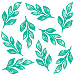 green watercolor leaves with pink flowers pattern isolated on white background with watercolor splashes