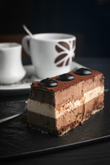 French mousse dessert, with chocolate on a black plate and a dark background