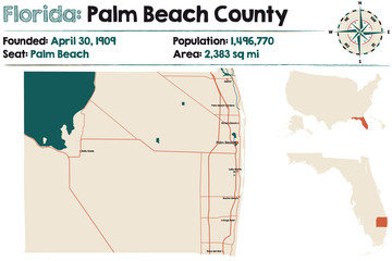 Large and detailed map of Palm Beach county in Florida, USA.