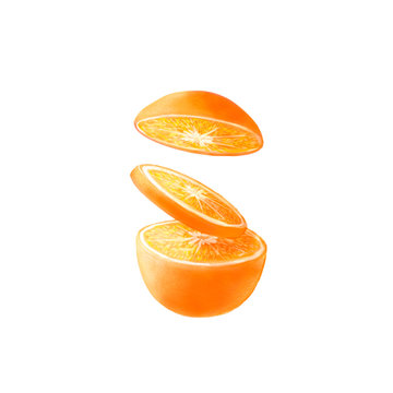 bright colorful orange fruit  illustration isolated on white backgorund, hand drawn painting of orange slices. flying pieces of orange. falling orange slices seamless pattern