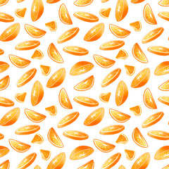 bright colorful orange fruit  illustration isolated on white backgorund, hand drawn painting of orange slices. flying pieces of orange. falling orange slices seamless pattern