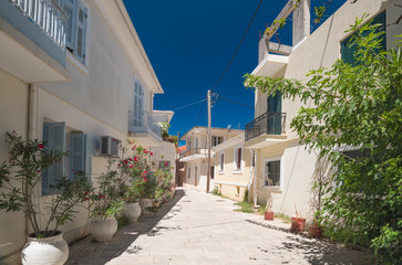 Fototapeta na wymiar on the island of Lefkada, a white street of the city of Lefkada.