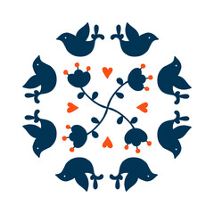 Folk art vector round Decorative frame with birds and flowers, Scandinavian design. flower arrangement.Retro background inspired by Swedish and Norwegian traditional style.