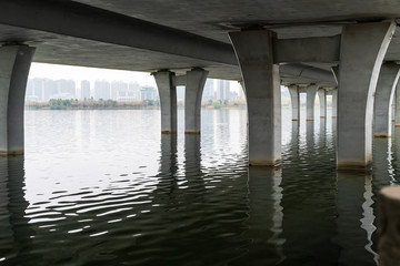 Bottom shot of the large bridge on the sea