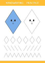 Handwriting practice sheet with diamond shapes, lines and zigzag. Simple educational game for kids