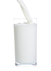pouring milk in glass isolated on white background