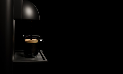 Espresso coffee machine Glossy black and shiny metal. Coffee is pouring into a clear coffee cup. Placed on a silver metal grate In the black background. 3D Rendering