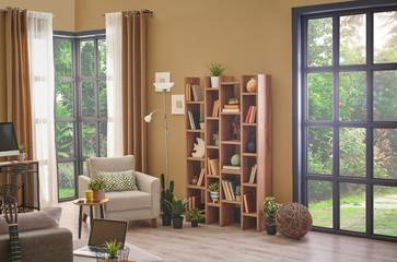 Wooden bookshelf and bookcase concept, brown wall and garden view style.