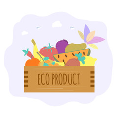 Box with vegetables and fruits. Fruits of fields, gardens, harvesting, environmentally friendly products. Colorful vector illustration.