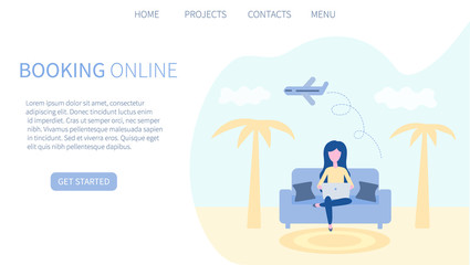 Booking online concept. Travel air tickets and resort hotel website. Flight ticket or insurance reserve from distance for vacation holiday tourism trip. Landing page template in flat design.