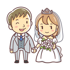 結婚式のカップルのイラスト（ウエディングドレス・洋装・婚活）