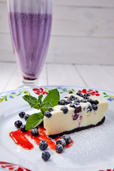 cheesecake with fresh blueberries and mint