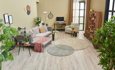 Brown living room, interior decor and carpet detail style.