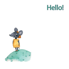 Children's watercolor illustration. Hand-drawn mouse in clothes. Hello card. Year 2020. Harvesting postcard blank