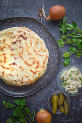 Khychin, Tortilla, Traditional Balkar food, Ossetian pie, Dark background