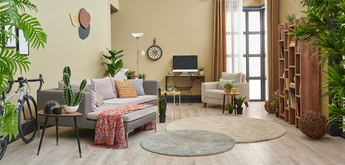 Modern home decoration, brown interior style and working table.