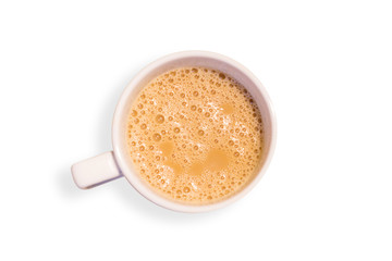 Coffee or tea with milk in white cup isolated over white background.View from top.