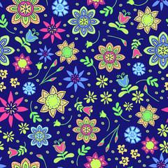 Fototapeta na wymiar Seamless vector pattern with pastel flowers on blue background. Cute summer floral wallpaper design. Hippy ditsy fabric fashion style.