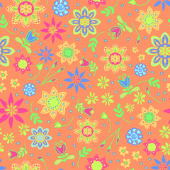 Seamless vector pattern with pastel flowers on light pink background. Beautiful hippy wallpaper design. Summer floral fabric fashion.