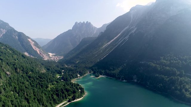 Aerial view of Lago del Predil. Rabeljsko jezero is Predil lake in Alps mauntain