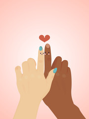 International race love, hand point finger heart sign flat vector illustration. Multinational infatuation couple lovely date, concept people male hold brush female. Lover pair enjoy communication.