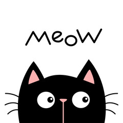 Black kitten cat head face looking. Meow. Kawaii baby pet animal. Cute cartoon character. Scandinavian style. Pink nose. Notebook cover, tshirt, greeting card print. Flat design. White background.