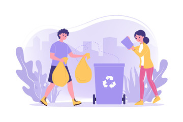 Recycling, volunteering, ecology, work concept. Team, couple man woman workers boyfriend girlfriend volunteers in park. Cleanup nature together. Environment care eco friendly. Recycle process. Vector
