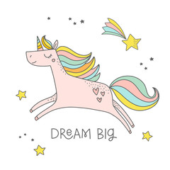 Obraz premium Dream big. Childish illustration with cute magical unicorn in the night sky. Vector illustration for girl birthday party, nursery posters, clothing, kids room decor.