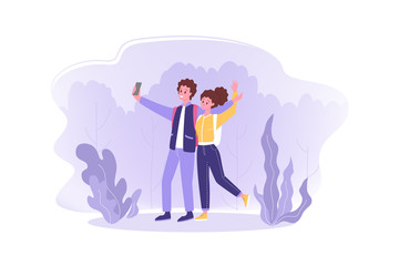Travelling couple, hiking, tourism, nature, selfie concept. Young couple man woman boy girlfriend hikers tourists take selfie on smartphone at mountains. Vacation trip active lifestyle and recreation.