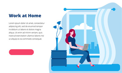 Woman working at home at the computer. Vector illustration in red and blue colors on the theme of working as a freelancer. Template for a horizontal banner.