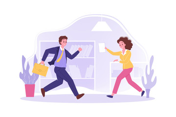 Hurrying people in office, business concept. Young worried busy businesspeople businessman and woman partners clerks managers employees running at work office. Work overload and rush, stress vector.