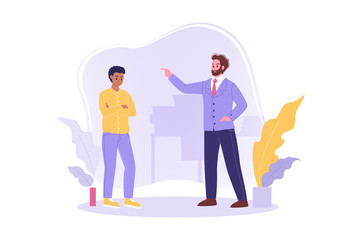 Blaming, arguing, quarrel, reprimand, business concept. Young adult businessmen clerks managers employer employee characters arguing at office. Family quarrel or blaming and father reprimand to son.