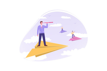 Business team, leadership, goal, motivation concept. Team of young motivated business people clerks managers flies on paper plane together. Businessmen leaders standing on plane, look forward to goal.
