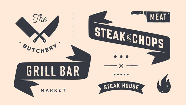 Vintage graphic set. Set of vintage banner, ribbon, cutting knive, text, old school graphic elements, food tools. Design elements for restaurant, bar, cafe, food shop and market. Vector Illustration