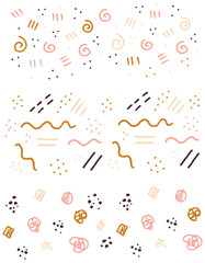 Three hand drawn patterns with different shapes elements. wavy and dotted lines, circles, curls, and stripes. Soft pastel colors gold, pink, beige, peach. Scandinavian style. Cute doodle