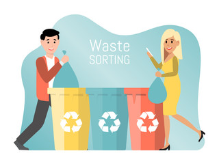 People recycle plastic paper and glass, city concept flat vector illustration on white background. Male, female character waste sorting cleaning garbage. Responsible eco friendly person.