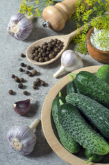 Ripe cucumbers and spices for pickling