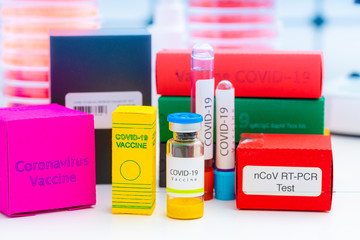 A set of medicines in medical lab for coronavirus NCOV- 19 from PCR test, antibody test, vaccine and remdesivir antiviral drug