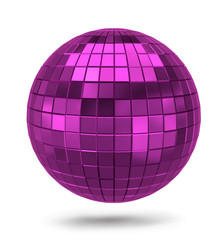 Violet metallic polygonal sphere isolated on white background. violet disco mirror ball. 3D rendering