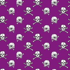 Skull with pirate eyepatch and crossbones, hand drawn  doodle illustration, seamless pattern design on purple background