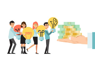 Man hand hold money gold coin, tiny character business idea isolated on white, flat vector illustration. Modern internet online fundraising cash, start up concept, investing in industry.