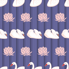 Seamless pattern design with white swans and pink water lily flower on purple striped background
