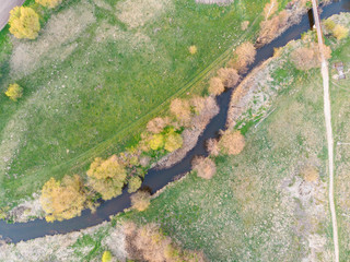 Isloch river from drone. Minsk region, Belarus