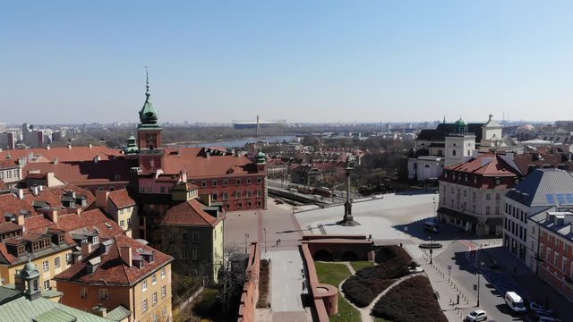 Warsaw, Poland. Aerial view of Royal Castle and castle square in historican part of Warsaw // Zamek Krolewski, Stare Miasto, Plac Zamkowy