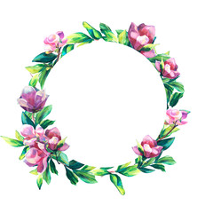 Obraz na płótnie Canvas Circle Floral frame with pink Flowers and leaves. Hand painted texture. Spring blossom of Magnolia. Foliage border for greeting, inviting, wedding,