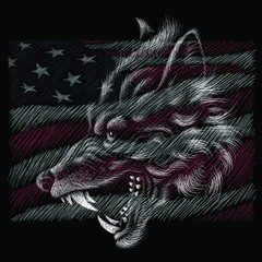 The print of wolf  for tattoo or T-shirt design or outwear.  Cute print Independence eagle Day July 4th style background.