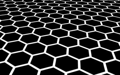 White honeycomb on a black background. Perspective view on polygon look like honeycomb. Isometric geometry. 3D illustration